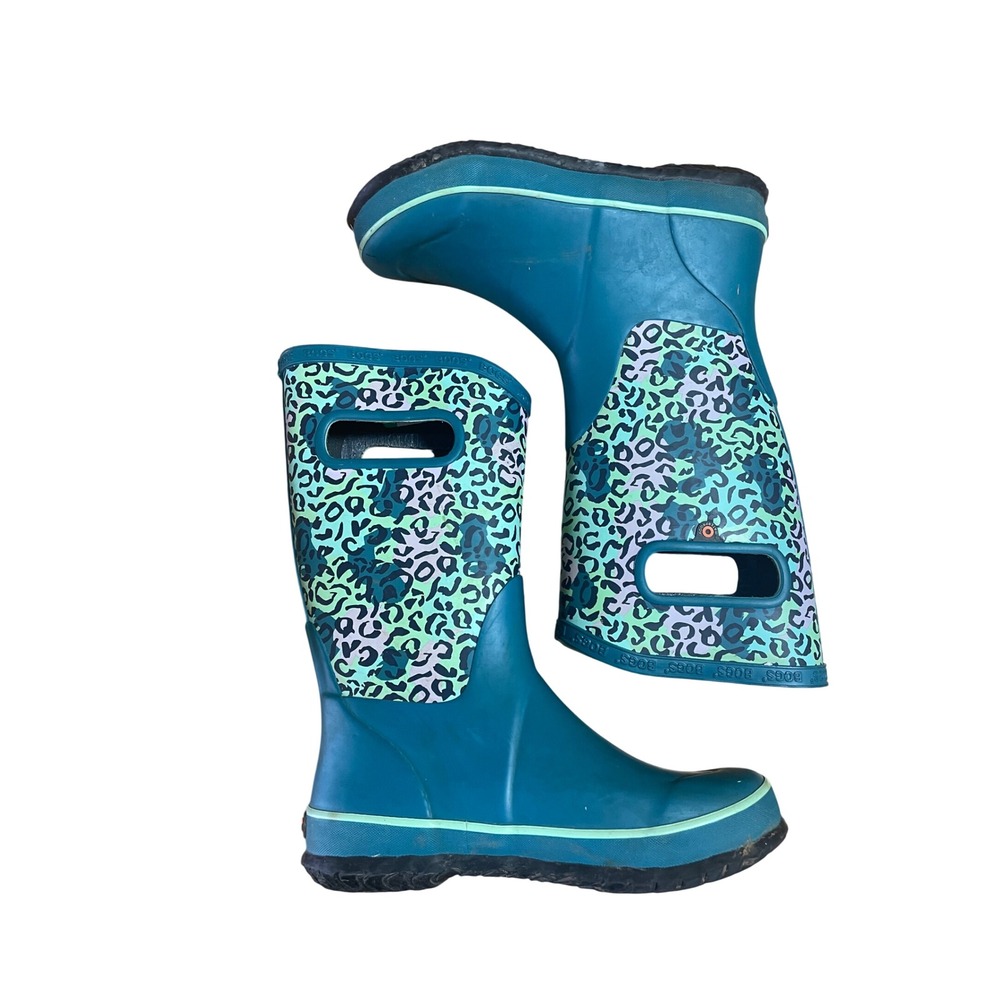 Bogs Kids Kineti Leopard Teal Green Waterproof Rain Boots Youth Size 3 78806-438